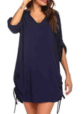 Chiffon Drawstring Solid  V Neckline Blouse