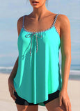 Striped Bowknot Cyan Spaghetti Striped Tankini Top