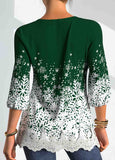 Snowflake Print Lace Patchwork V Neck Blouse