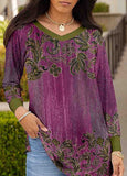 Purple & Olive Abstract Contrast-Trim Long-Sleeve V-Neck Tunic