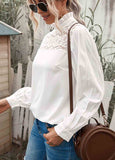 Ruffled Crewneck Lantern Sleeve Splicing Lace Blouse