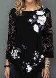 Lace Hem Round Neck Print T Shirt