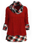 Knit Plaid Twisted Pattern Cowl Neck Sweater