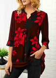 Flower Print Button Detail Split Neck Blouse