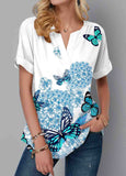 Split Neck Print Short Sleeve Blouse