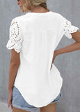 Pin Tuck Eyelet-Contrast Puff-Sleeve Button-Up Top