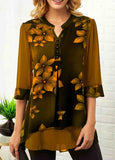 Flower Print Button Detail Split Neck Blouse