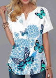 Split Neck Print Short Sleeve Blouse