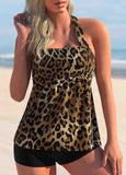 Brown Halter Leopard Print Tankini Set