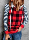 Plaid Print Striped Raglan Hoodie with Pocket