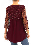 Luxury Sequin Lace Stitching 3/4 Sleeve Solid T Shirt