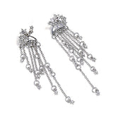 Rhinestone Embellished Chain Tassel Silver Earrings - soofoom.com