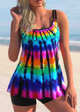 Rainbow Tie Dye Print Wide Strap Tankini Set