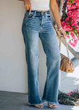 Blue Raw Hem Straight Leg Jeans