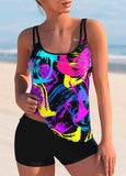 Spaghetti Strap Graffiti Print Tankini Set