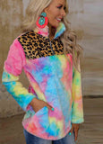 Tie-dye Fleece  Leopard Splicing Sweatshirt