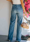 Blue Raw Hem Straight Leg Jeans