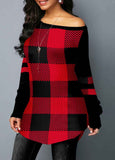 Red Plaid Skew Neck Long Sleeve T-shirt