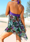 Asymmetric Hem Floral Print Halter Swimsuit