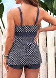 Wide Strap Geometric Print Light Grey Tankini Set