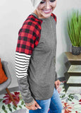 Buffalo Plaid & Stripe Splicing Long Sleeve Top