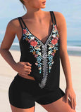 Tribal Print Black Double Straps Tankini Set