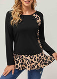 Leopard Decorative Button Round Neck T Shirt