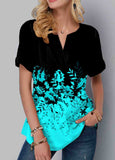 Split Neck Print Short Sleeve Blouse