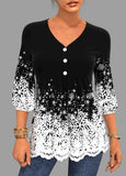 Snowflake Print Lace Patchwork V Neck Blouse