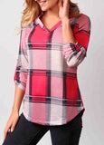 Plaid V Neck Orange 3/4 Sleeve T Shirt