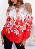 Christmas Snowflake Sequins Cold Shoulder  T-shirts