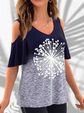 V Neck  Print Cold Shoulder T Shirt