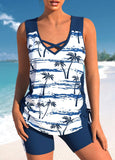 Criss Cross Tropical Plants Print Tankini Set