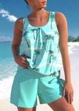 【24H Dispatch】Tie Mid Waisted Tropical Plants Print Tankini Set