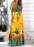 Off Shoulder Tropical Print Ruffles Maxi Dress With Belt