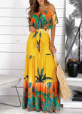 Off Shoulder Tropical Print Ruffles Maxi Dress With Belt