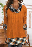 Knit Plaid Twisted Pattern Cowl Neck Sweater