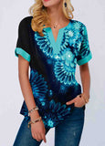 Split Neck Print Short Sleeve Blouse