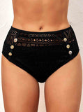 Black Hollow Out Decorative Button Bikini Bottom