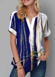 Split Neck Print Short Sleeve Blouse