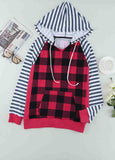 Plaid Print Striped Raglan Hoodie with Pocket