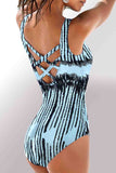 Strped Criss Cross U-neck One-piece Swimsuit