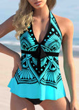 Printed Rainbow Color Bowknot Halter Tankini Set