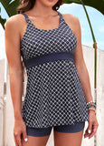 Wide Strap Geometric Print Light Grey Tankini Set