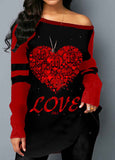 Red Plaid Skew Neck Long Sleeve T-shirt