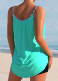 Striped Bowknot Cyan Spaghetti Striped Tankini Top