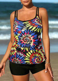 Spaghetti Strap Leaf Print Tankini Set