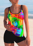 Rainbow Color Stroke Print Wide Strap Tankini Set