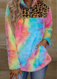 Tie-dye Fleece  Leopard Splicing Sweatshirt