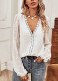 Lace Swiss Dot Crochet-Trim V-Neck Top